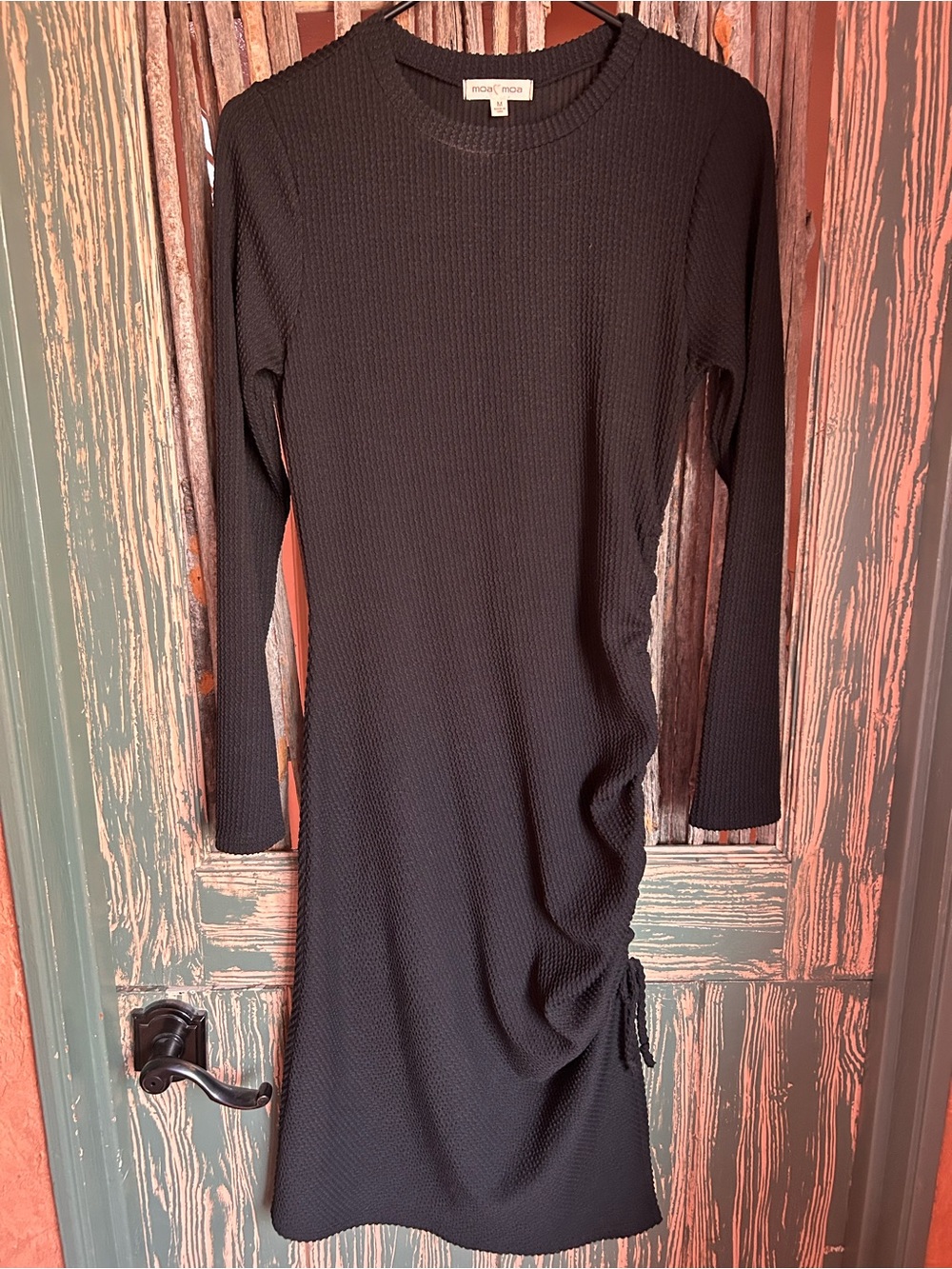Moa Moa Black Long-Sleeve Ribbed Side-Ruched Dress